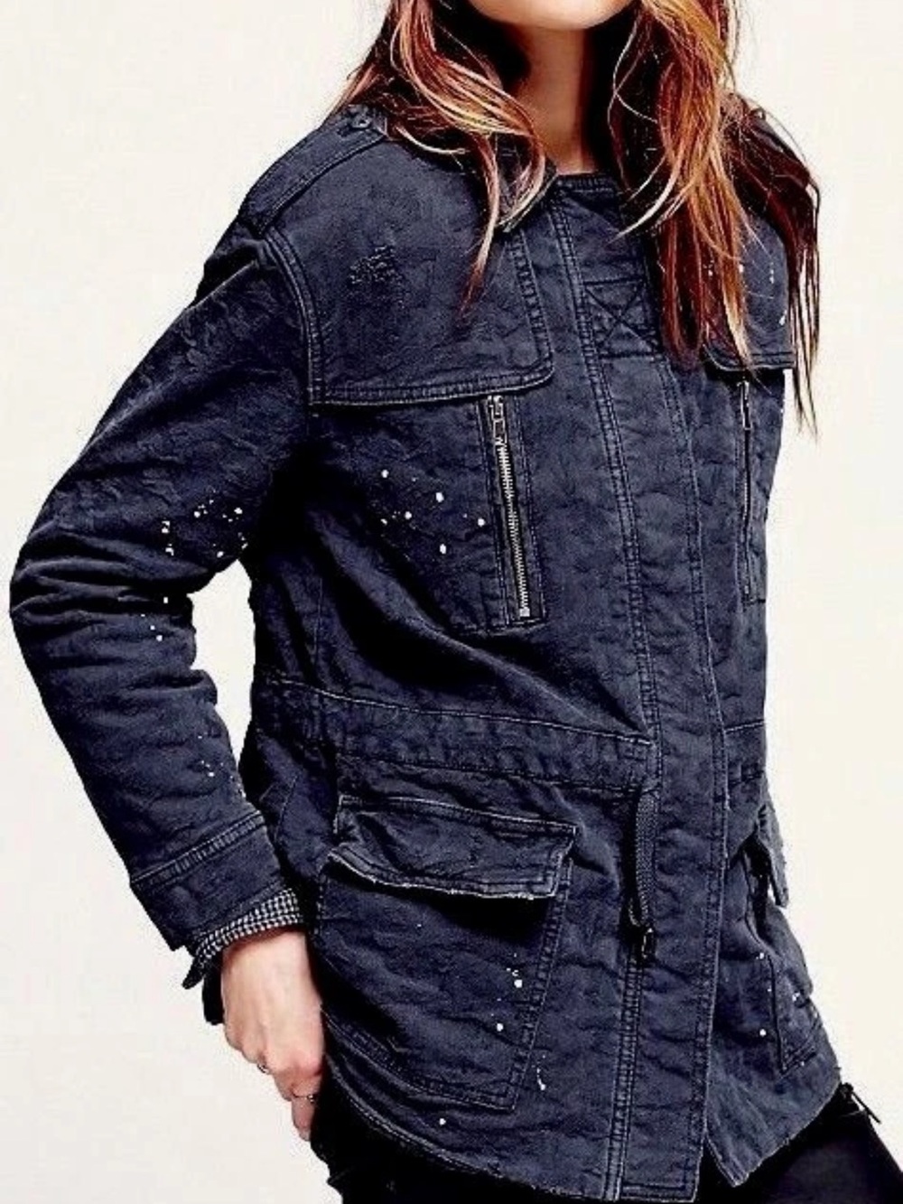 Free People Navy Blue Utility Military Jacket with Cargo Drawstring Small - Picture 3 of 15